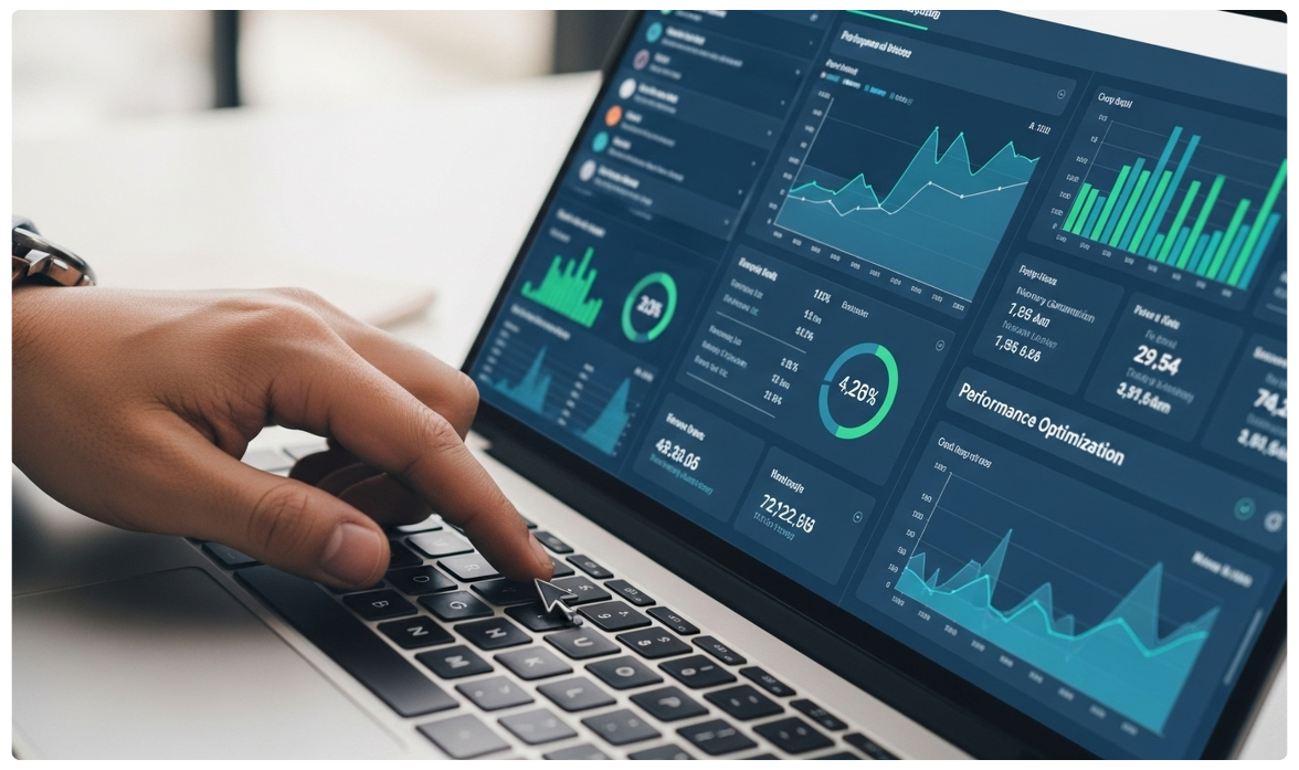 Team reviewing hotel distribution performance on large dashboards
